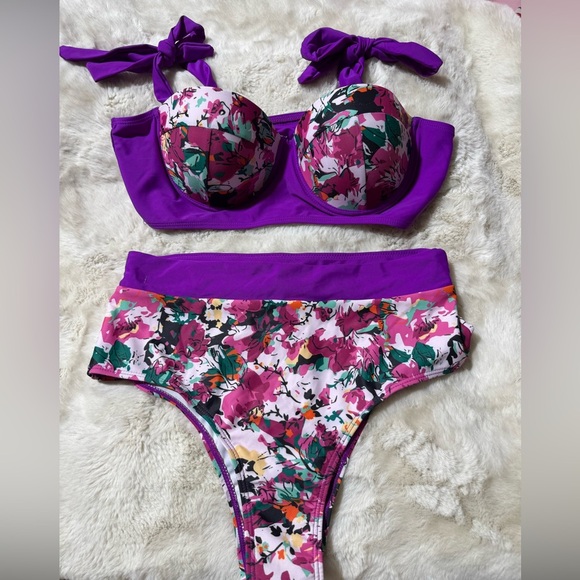 High Waist Bikini Set Swimwear Purple Floral PushUp Underwire Swimsuit Beach (L) - Picture 15 of 15